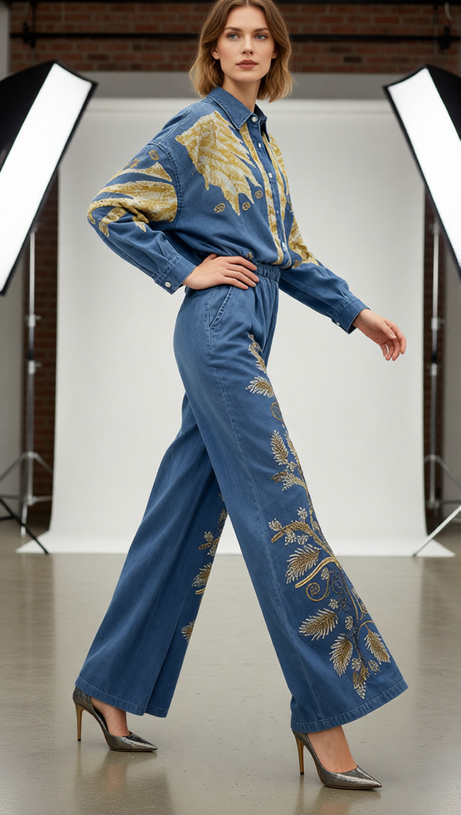 Jaclyn Embroidered Denim Two-Piece Set | Boho Wide-Leg Pants & Top
