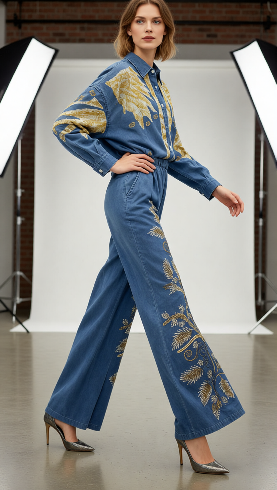 Jaclyn Embroidered Denim Two-Piece Set | Boho Wide-Leg Pants & Top
