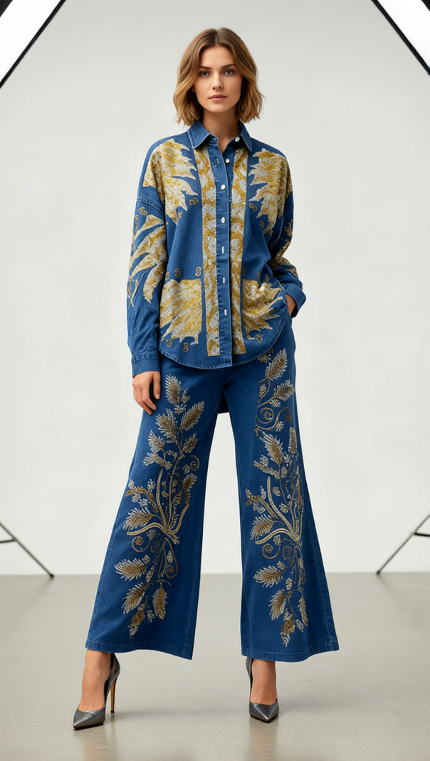 AIIZIE Jaclyn Embroidered Denim Two-Piece Set | Boho Wide-Leg Pants & Top - product image