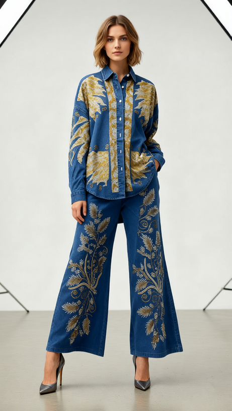 Jaclyn Embroidered Denim Two-Piece Set | Boho Wide-Leg Pants & Top