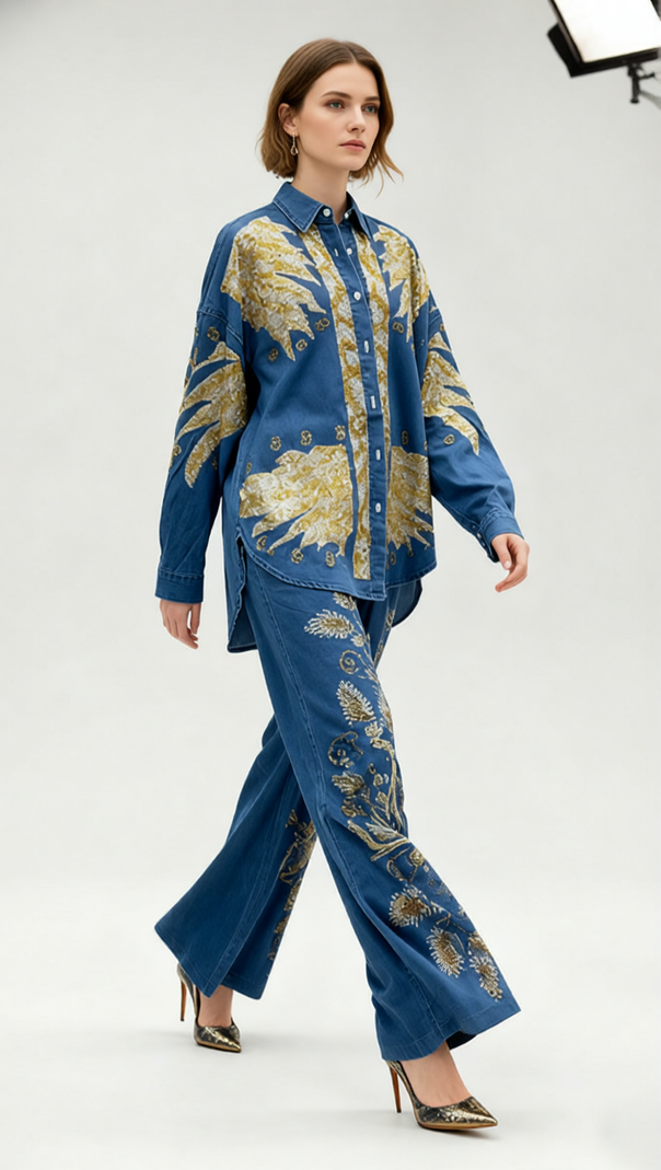 AIIZIE Jaclyn Embroidered Denim Two-Piece Set | Boho Wide-Leg Pants & Top - product image