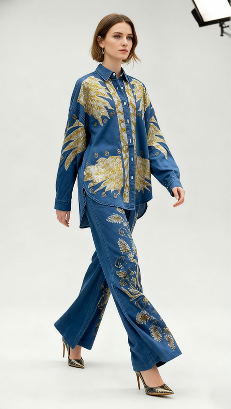 Jaclyn Embroidered Denim Two-Piece Set | Boho Wide-Leg Pants & Top