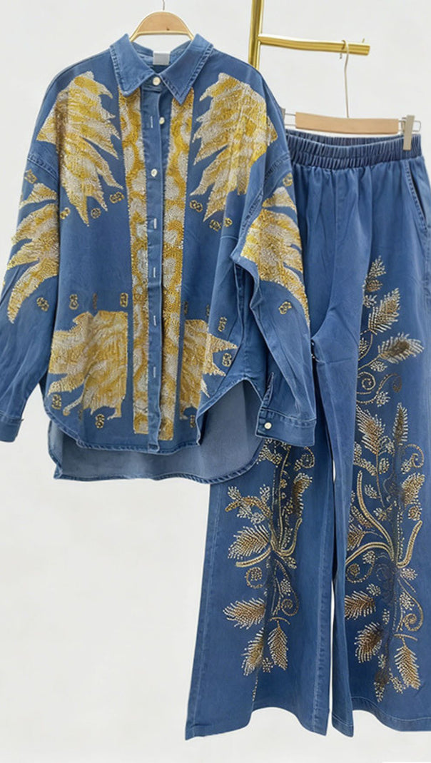 AIIZIE Jaclyn Embroidered Denim Two-Piece Set | Boho Wide-Leg Pants & Top - product image