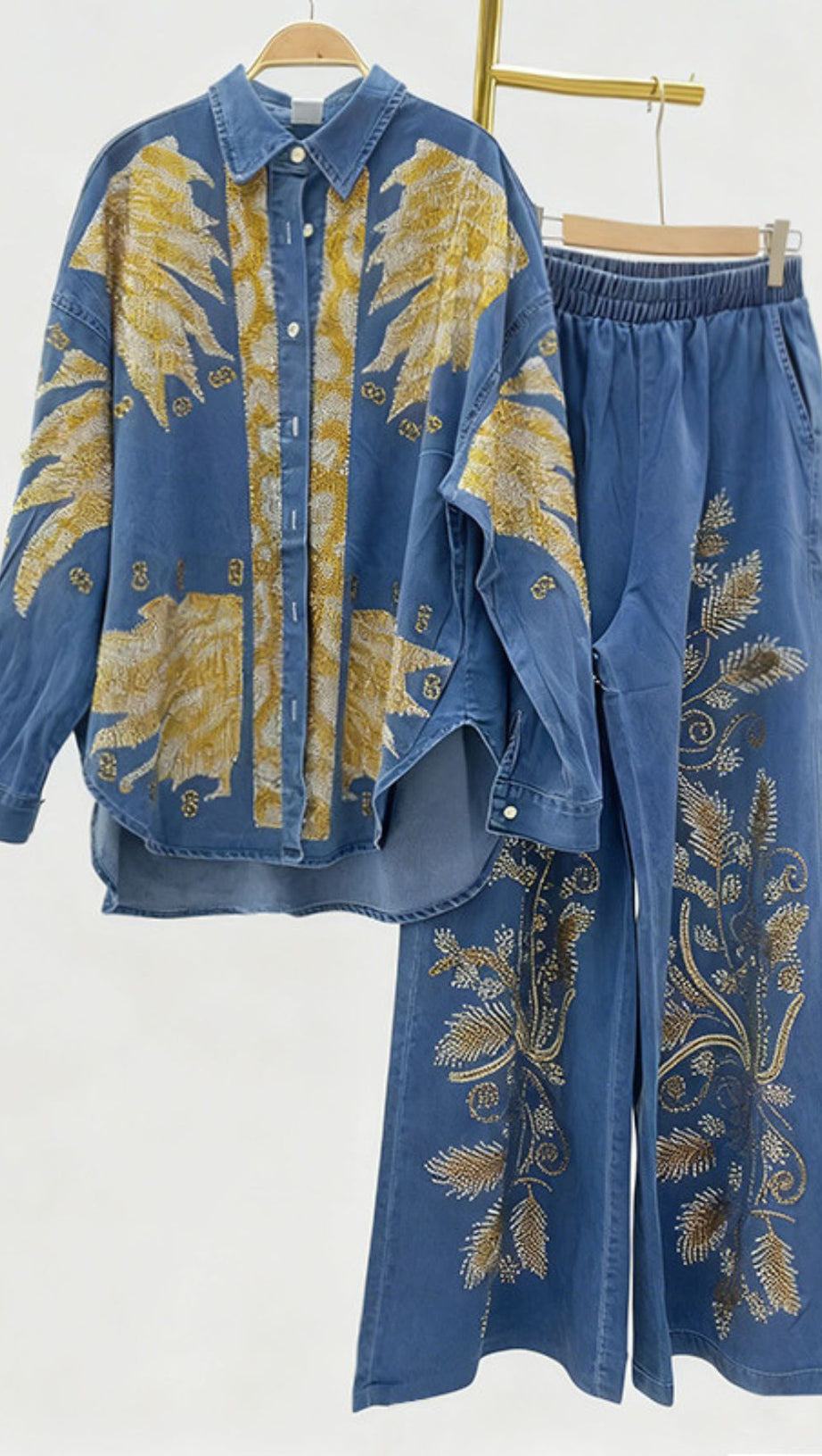 Jaclyn Embroidered Denim Two-Piece Set | Boho Wide-Leg Pants & Top