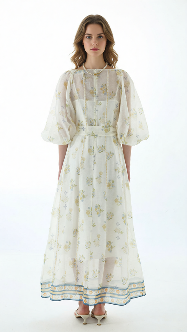 Jacobo Floral Puff Sleeve V-Neck Maxi Dress - Romantic Summer Elegance