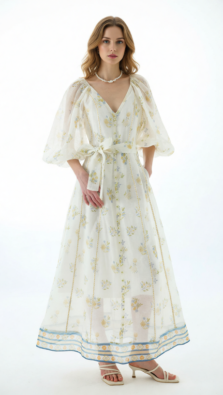 Jacobo Floral Puff Sleeve V-Neck Maxi Dress - Romantic Summer Elegance