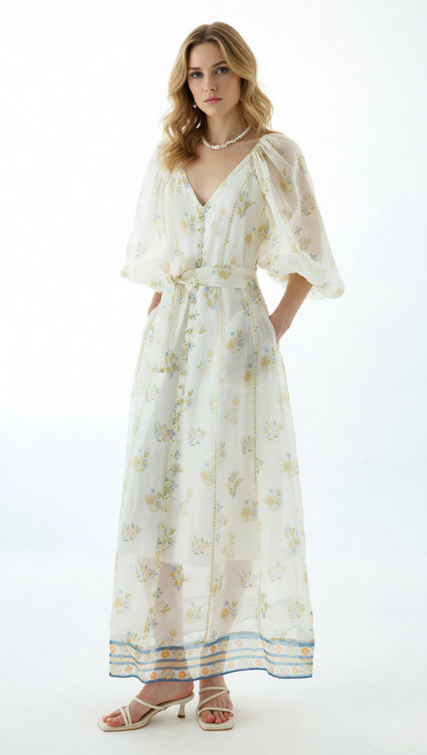 Jacobo Floral Puff Sleeve V-Neck Maxi Dress - Romantic Summer Elegance