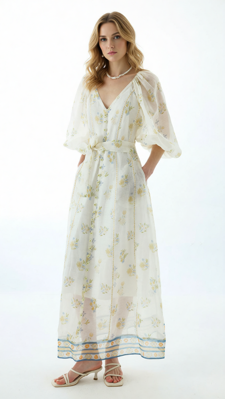 Jacobo Floral Puff Sleeve V-Neck Maxi Dress - Romantic Summer Elegance