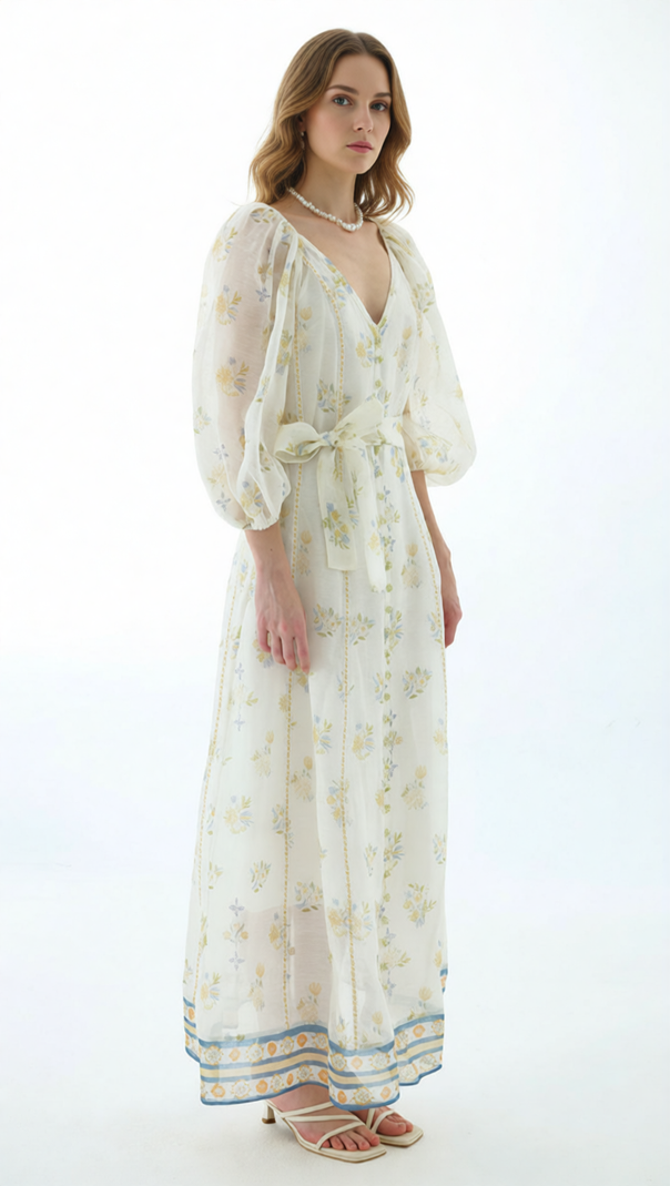 Jacobo Floral Puff Sleeve V-Neck Maxi Dress - Romantic Summer Elegance
