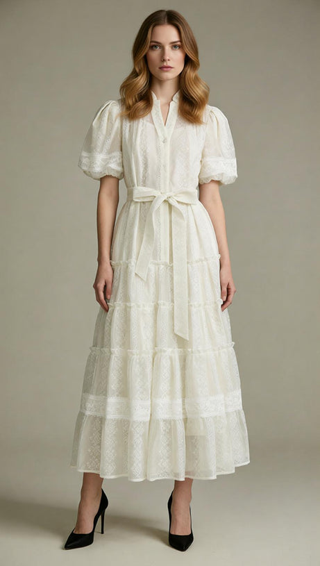 Jad Romantic Lace Puff-Sleeve Tiered Maxi Dress