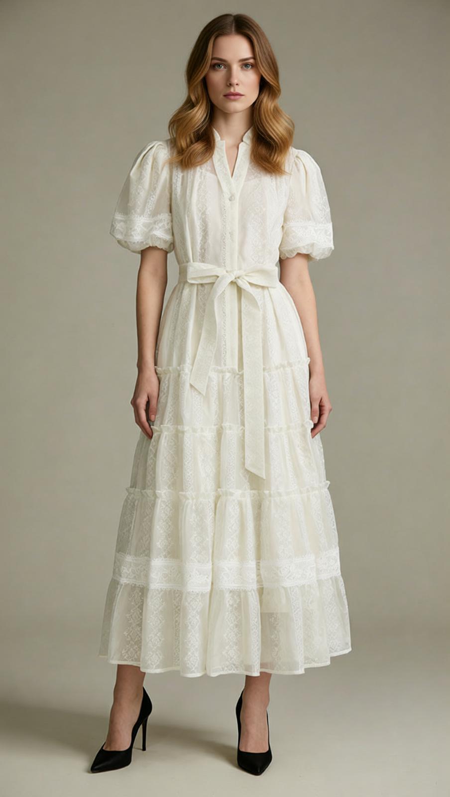 Jad Romantic Lace Puff-Sleeve Tiered Maxi Dress