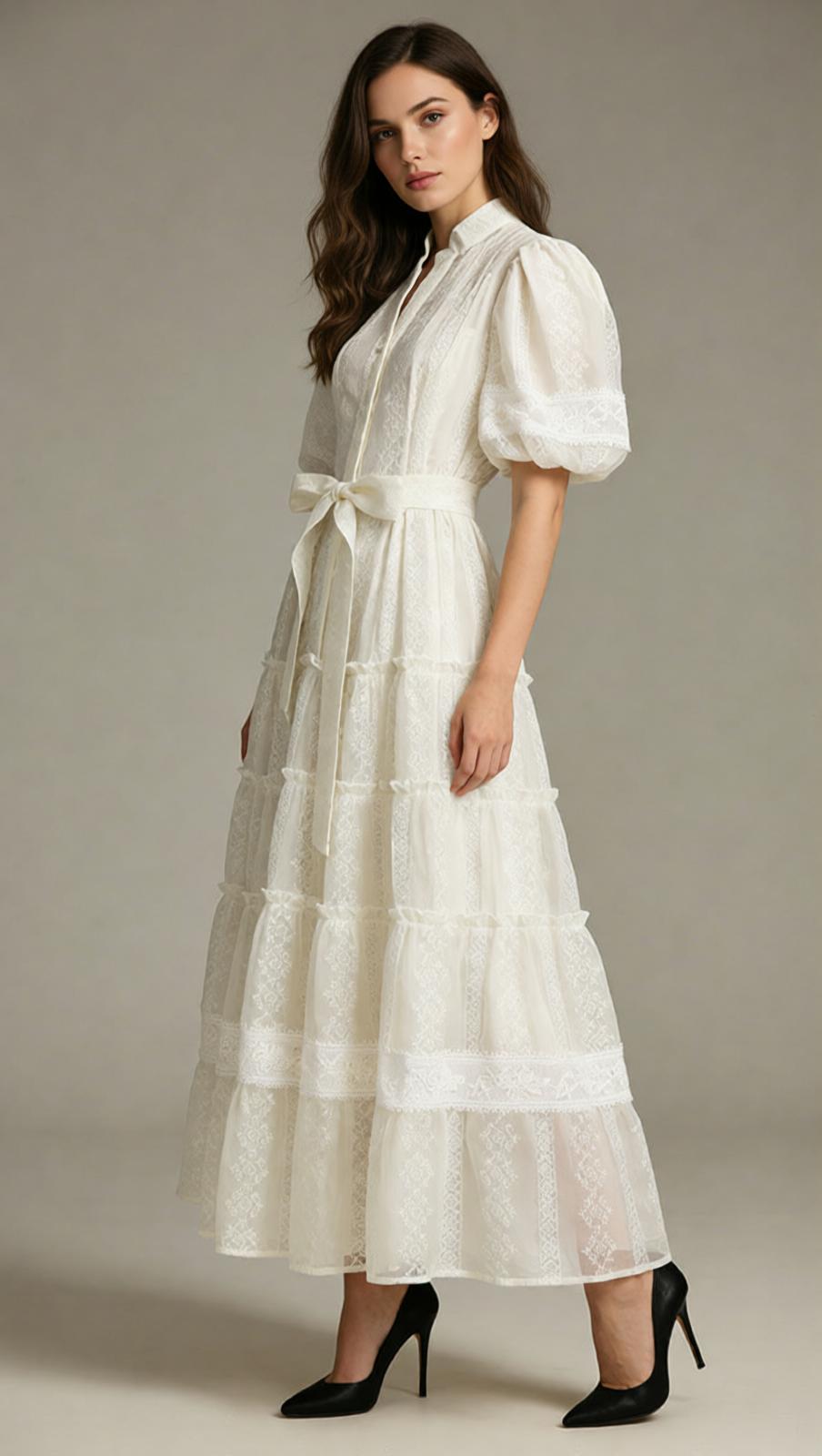 Jad Romantic Lace Puff-Sleeve Tiered Maxi Dress
