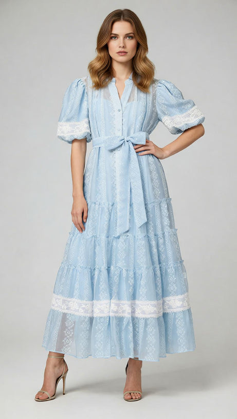 Jad Romantic Lace Puff-Sleeve Tiered Maxi Dress