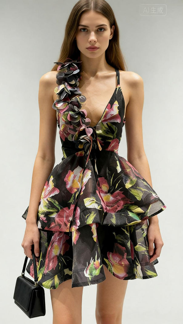 AIIZIE The Jadey: Vibrant Floral Tiered Mini Dress with Asymmetrical Petal Strap - product image