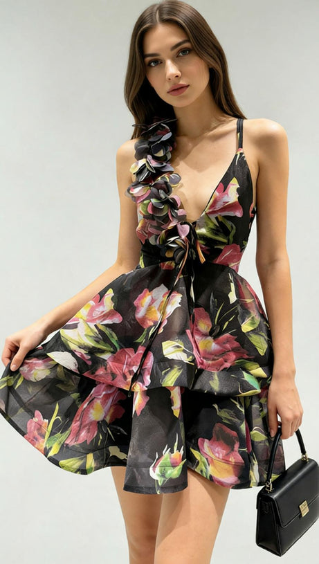 The Jadey: Vibrant Floral Tiered Mini Dress with Asymmetrical Petal Strap