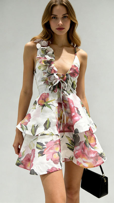 The Jadey: Vibrant Floral Tiered Mini Dress with Asymmetrical Petal Strap