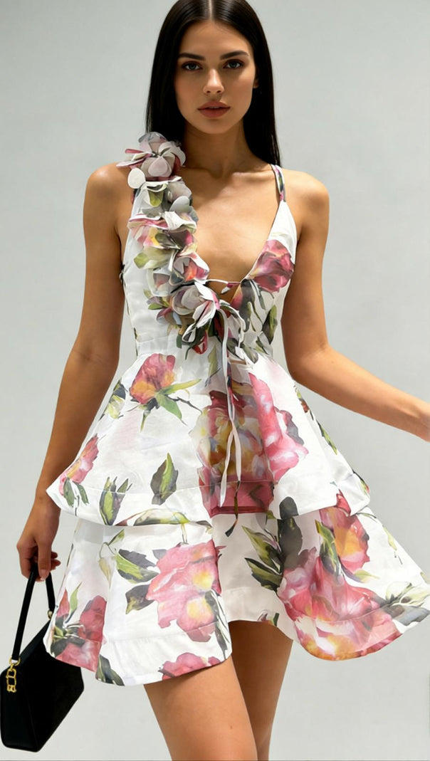 AIIZIE The Jadey: Vibrant Floral Tiered Mini Dress with Asymmetrical Petal Strap - product image
