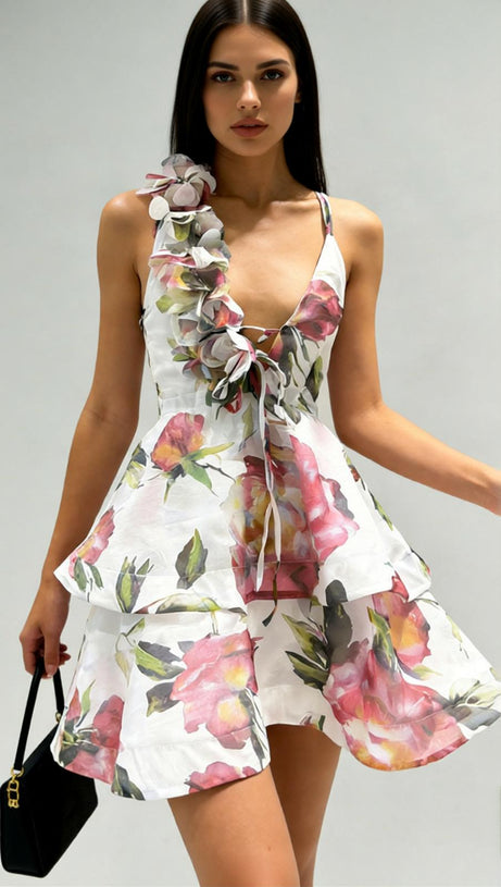 The Jadey: Vibrant Floral Tiered Mini Dress with Asymmetrical Petal Strap