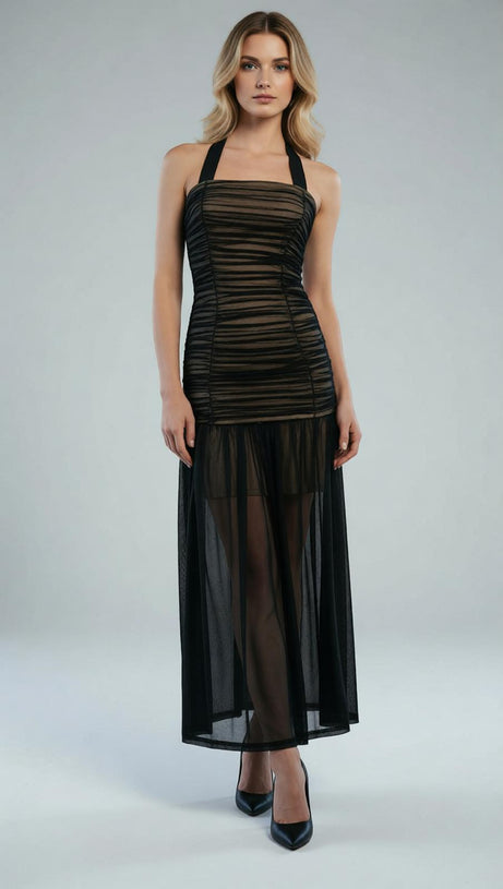 Jadzia Black Halter Ruched Mesh Maxi Dress – Elegant Evening Gown for Special Occasions