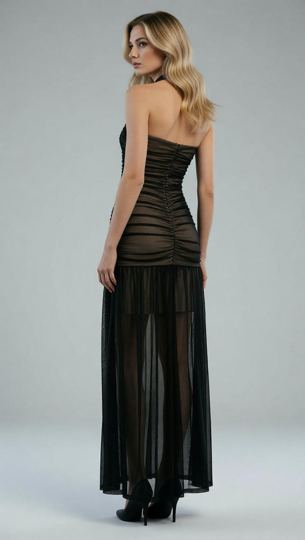 AIIZIE Jadzia Black Halter Ruched Mesh Maxi Dress – Elegant Evening Gown for Special Occasions - product image