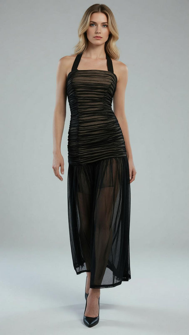 AIIZIE Jadzia Black Halter Ruched Mesh Maxi Dress – Elegant Evening Gown for Special Occasions - product image