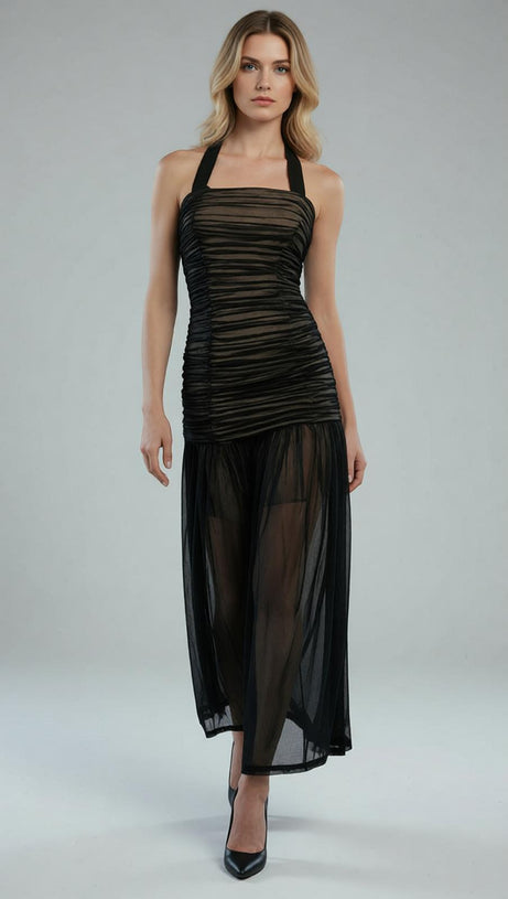 Jadzia Black Halter Ruched Mesh Maxi Dress – Elegant Evening Gown for Special Occasions