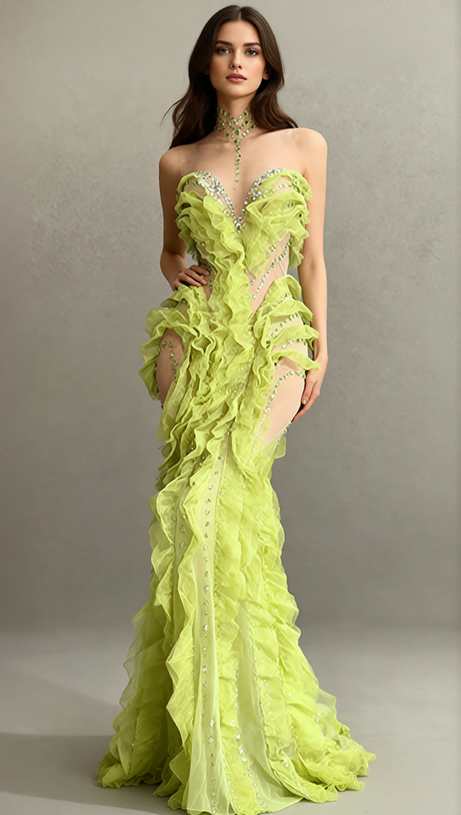 Jaela Yellow Diamante Ruffle Maxi Dress - Glamorous Strapless Gala Gown