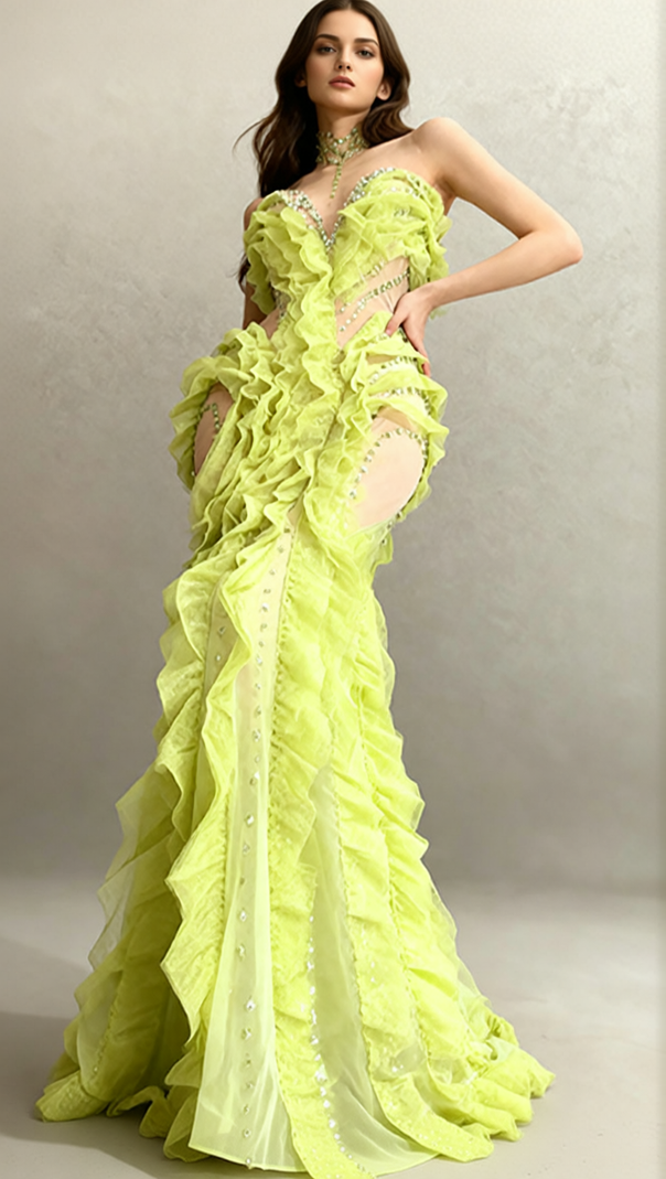 AIIZIE Jaela Yellow Diamante Ruffle Maxi Dress - Glamorous Strapless Gala Gown - product image
