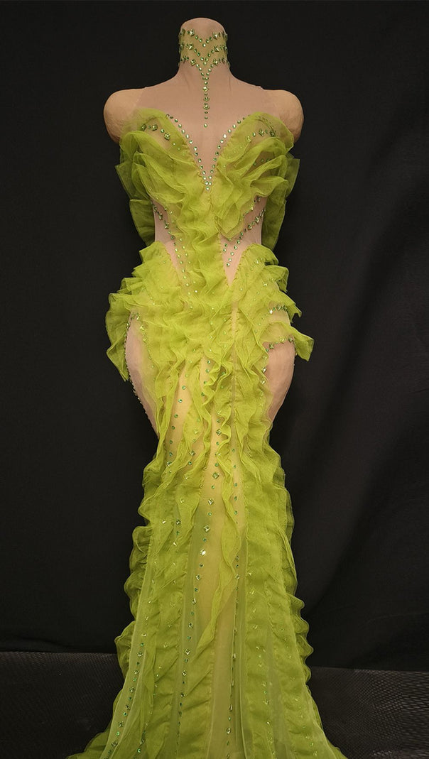 AIIZIE Jaela Yellow Diamante Ruffle Maxi Dress - Glamorous Strapless Gala Gown - product image