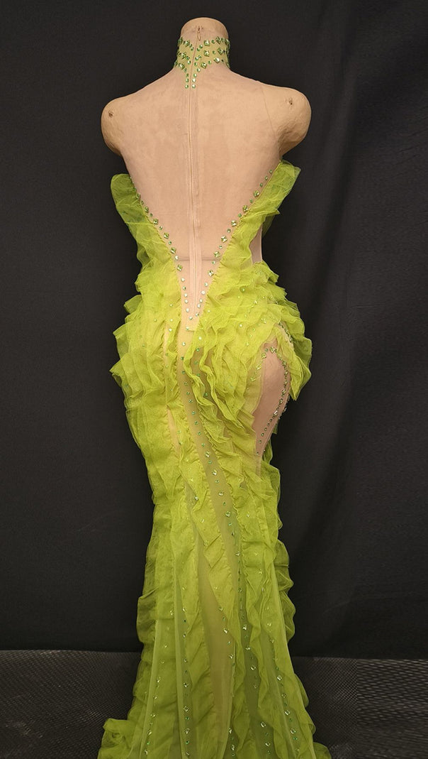 AIIZIE Jaela Yellow Diamante Ruffle Maxi Dress - Glamorous Strapless Gala Gown - product image