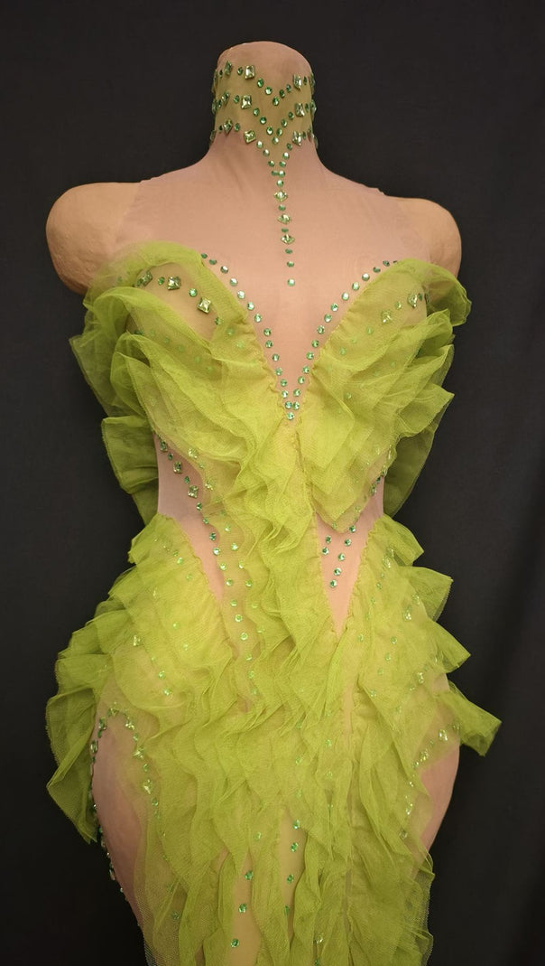 AIIZIE Jaela Yellow Diamante Ruffle Maxi Dress - Glamorous Strapless Gala Gown - product image