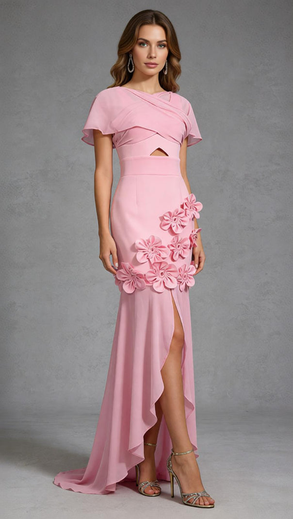 AIIZIE Elegant Jaelyn Pink Maxi Gown | 3D Floral Appliques & High Slit - product image