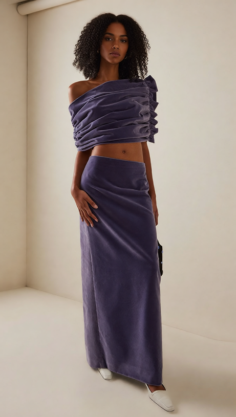 Amethyst Velvet Ruched One-Shoulder Crop Top & Maxi Skirt Set
