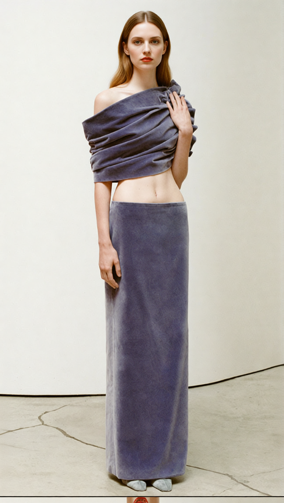 Amethyst Velvet Ruched One-Shoulder Crop Top & Maxi Skirt Set