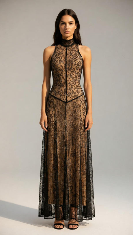 Jagna Black Lace Mock Neck Maxi Gown - Elegant Formal Evening Dress