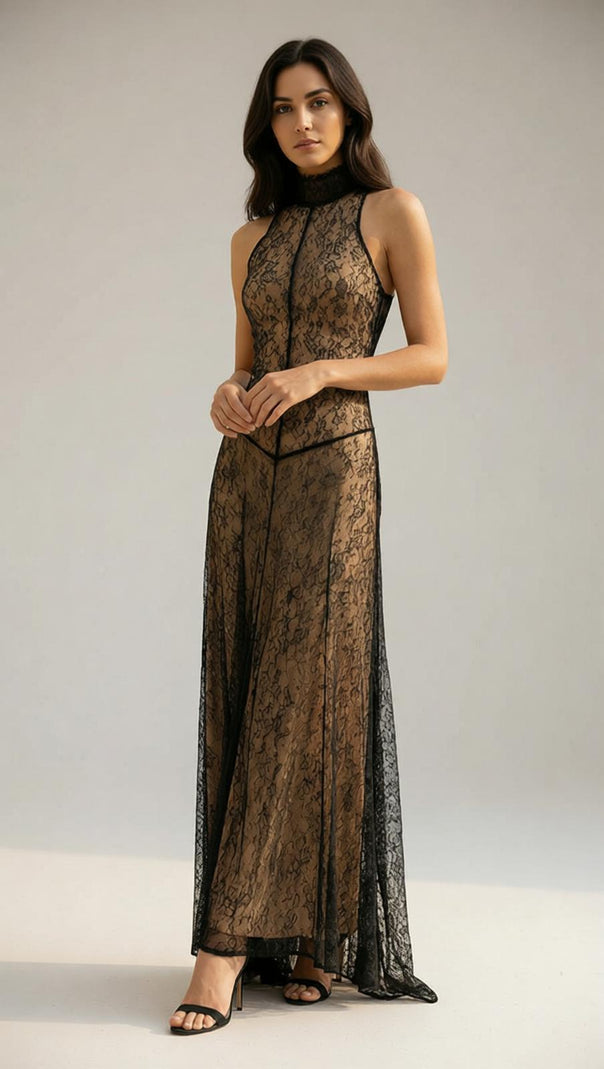 AIIZIE Jagna Black Lace Mock Neck Maxi Gown - Elegant Formal Evening Dress - product image