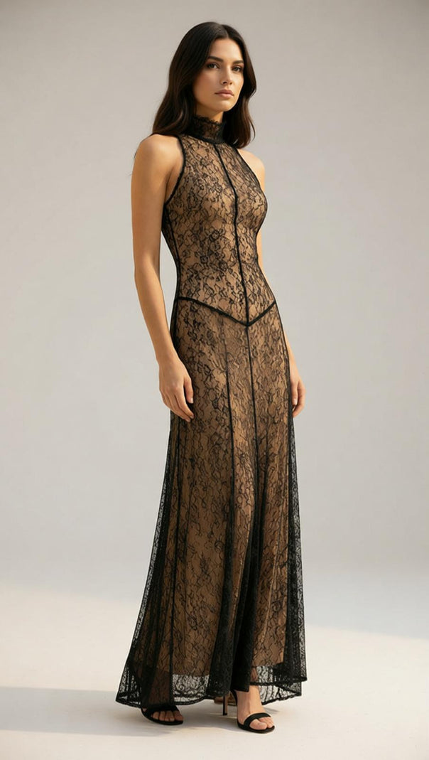 AIIZIE Jagna Black Lace Mock Neck Maxi Gown - Elegant Formal Evening Dress - product image