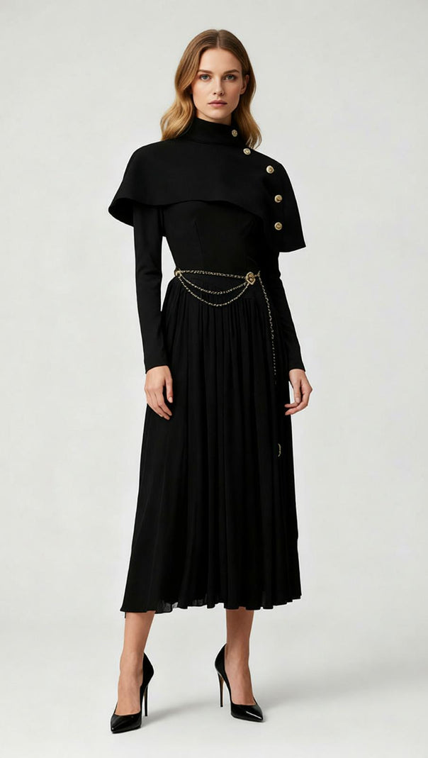 AIIZIE Jairo Black Asymmetrical Capelet Midi Dress - Elegant Long Sleeve Style - product image