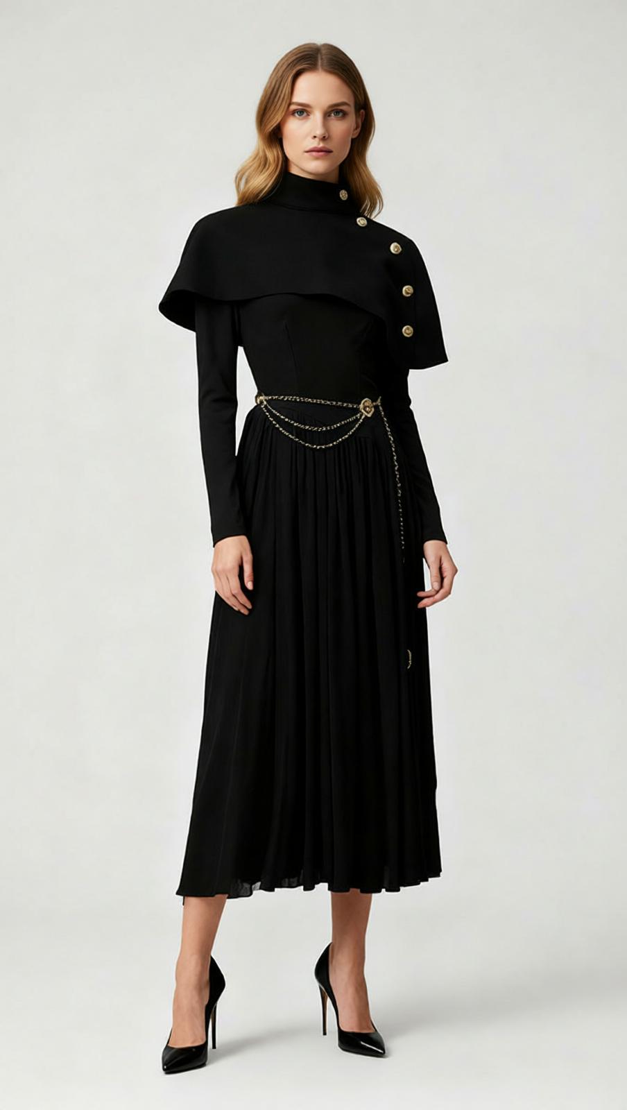 Jairo Black Asymmetrical Capelet Midi Dress - Elegant Long Sleeve Style