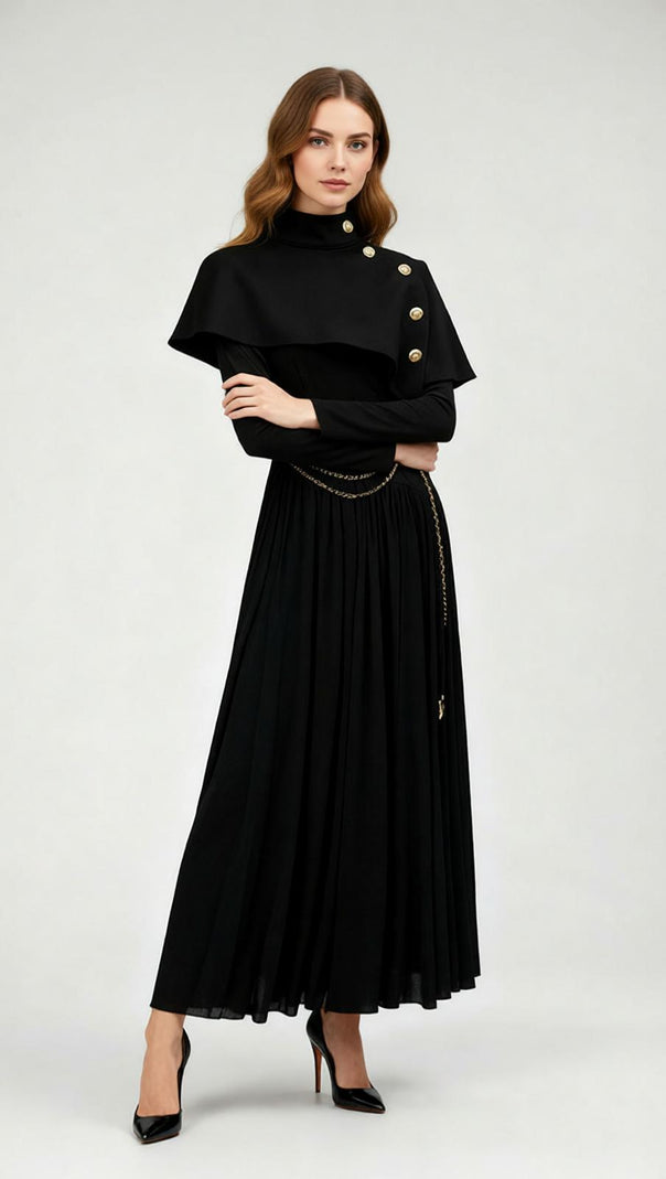 AIIZIE Jairo Black Asymmetrical Capelet Midi Dress - Elegant Long Sleeve Style - product image