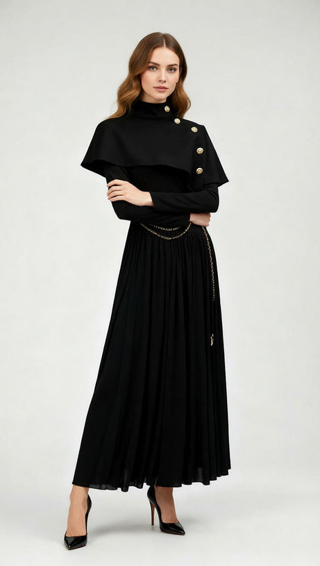 Jairo Black Asymmetrical Capelet Midi Dress - Elegant Long Sleeve Style