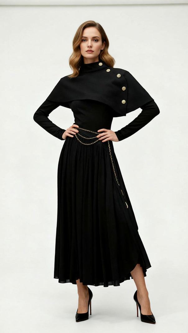 AIIZIE Jairo Black Asymmetrical Capelet Midi Dress - Elegant Long Sleeve Style - product image