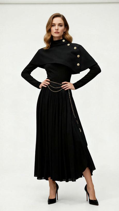 Jairo Black Asymmetrical Capelet Midi Dress - Elegant Long Sleeve Style