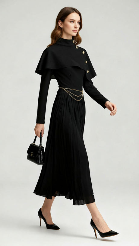 Jairo Black Asymmetrical Capelet Midi Dress - Elegant Long Sleeve Style