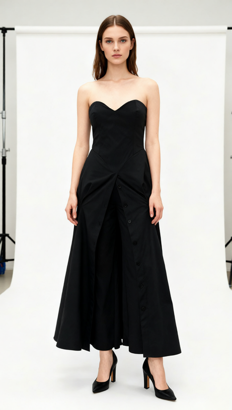 Jakub Black Strapless Button-Front Pant Dress