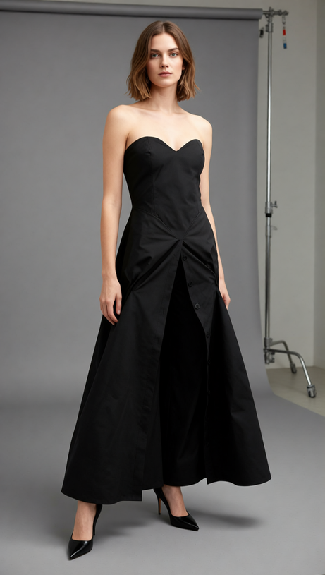 Jakub Black Strapless Button-Front Pant Dress