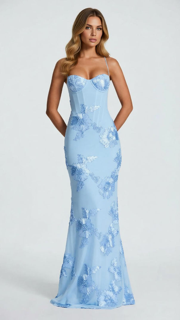 AIIZIE Jaleh Enchanting Blue Floral Backless Maxi Gown - Elegant Evening & Wedding Guest Dress - product image