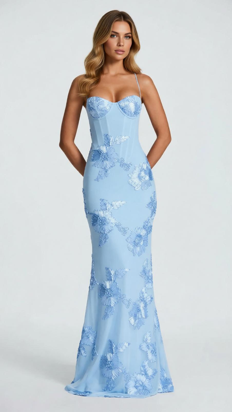Jaleh Enchanting Blue Floral Backless Maxi Gown - Elegant Evening & Wedding Guest Dress