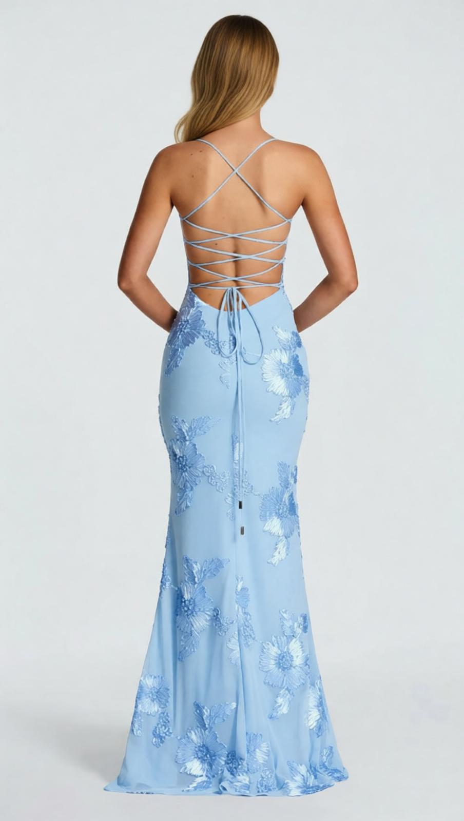 Jaleh Enchanting Blue Floral Backless Maxi Gown - Elegant Evening & Wedding Guest Dress