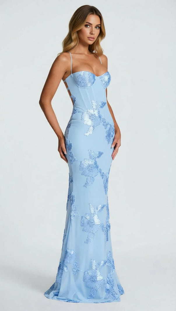AIIZIE Jaleh Enchanting Blue Floral Backless Maxi Gown - Elegant Evening & Wedding Guest Dress - product image